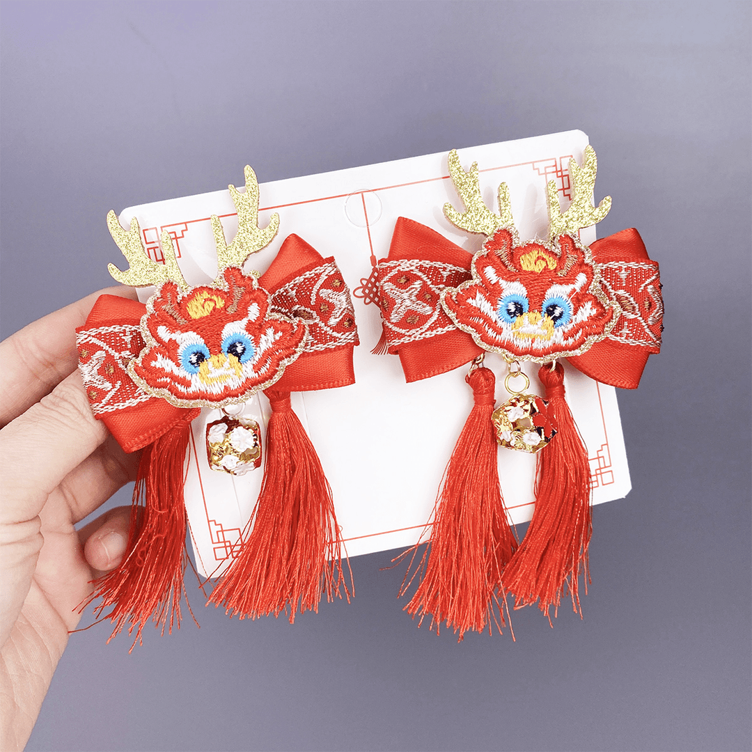 龙年流苏铃铛新年红色发夹古风龙年龙角女童宝宝发饰头饰中国风