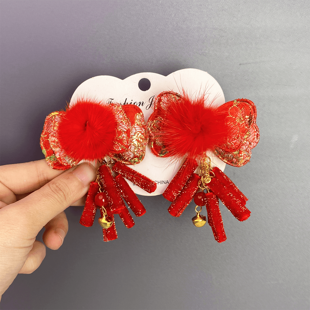 新年红绒毛鞭炮中国风蝴蝶结头饰红色公主发夹配饰发卡女古风汉服