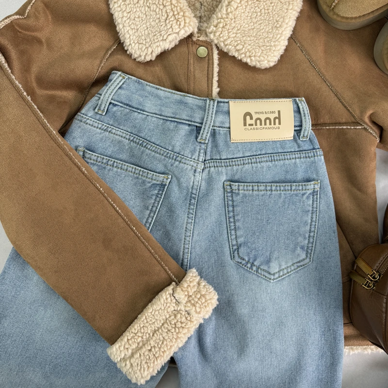 浅蓝色加绒窄版阔腿牛仔裤女秋冬2024新款高腰宽松显瘦拖地裤3215
