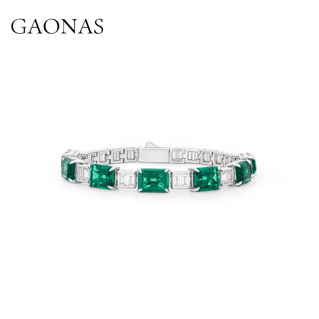 GAONAS 925银合成锆石手链 经典优雅贵气方形绿色满镶手链11054SG