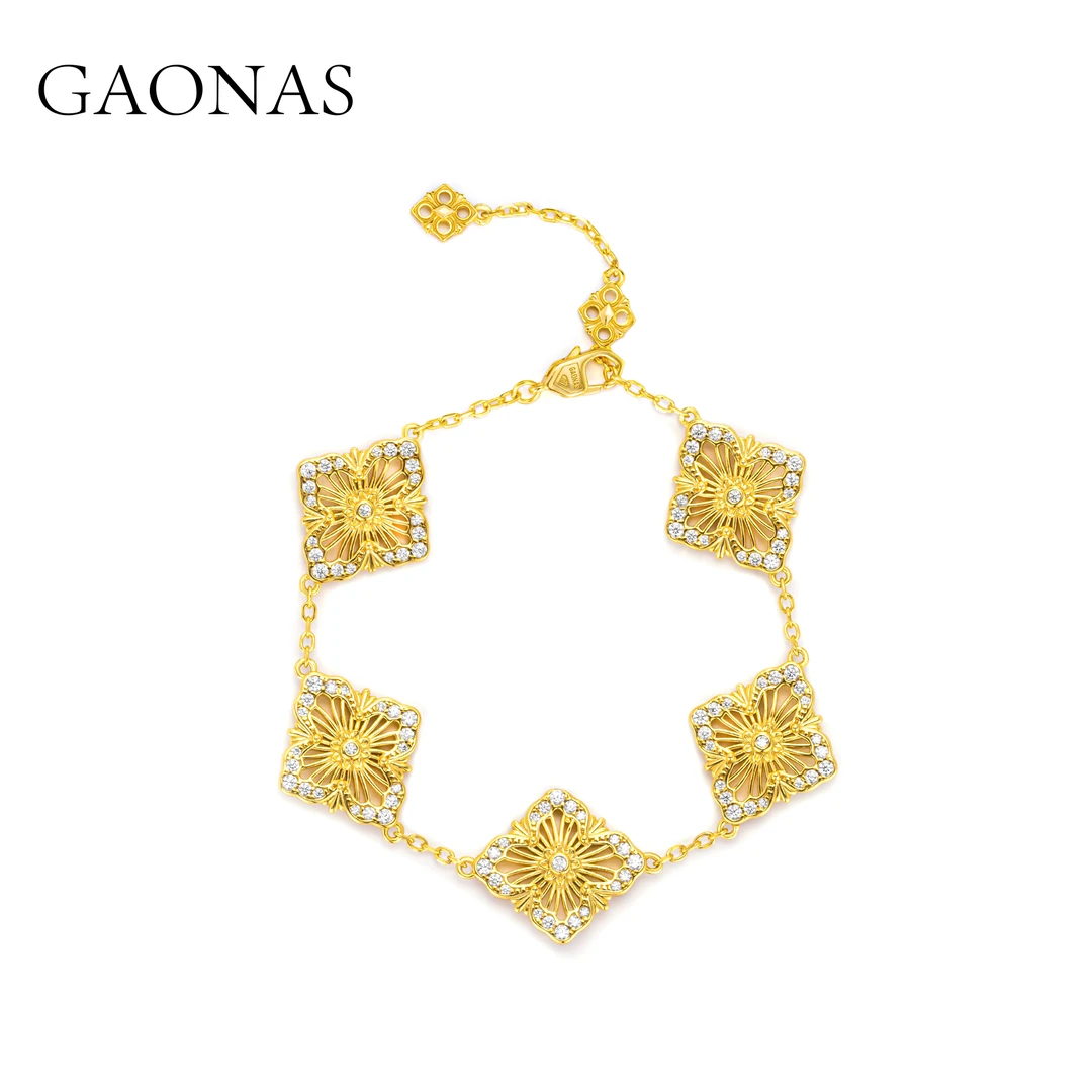 GAONAS 925银合成锆石手链  时髦精致金色设计四叶手链10755SGO