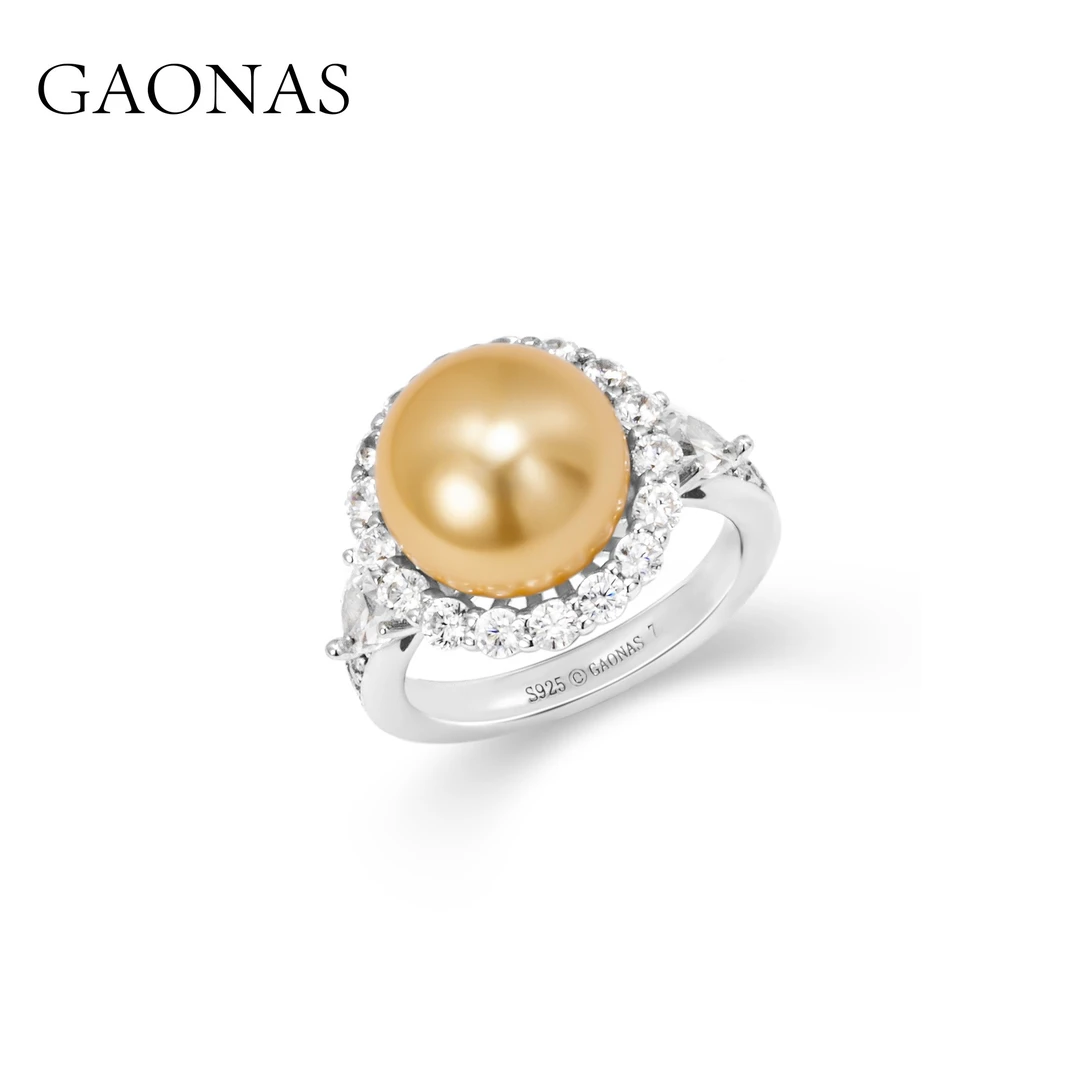 GAONAS 925银仿珍珠戒指 极简时尚白钻金色珠戒指ZYJ129333