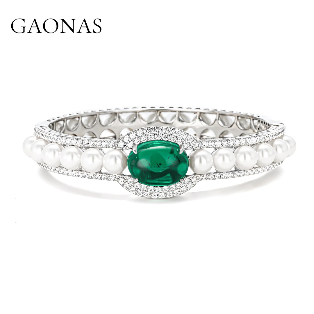 GAONAS 925银仿珍珠手链 高级时尚绿色白珠手镯GS124933