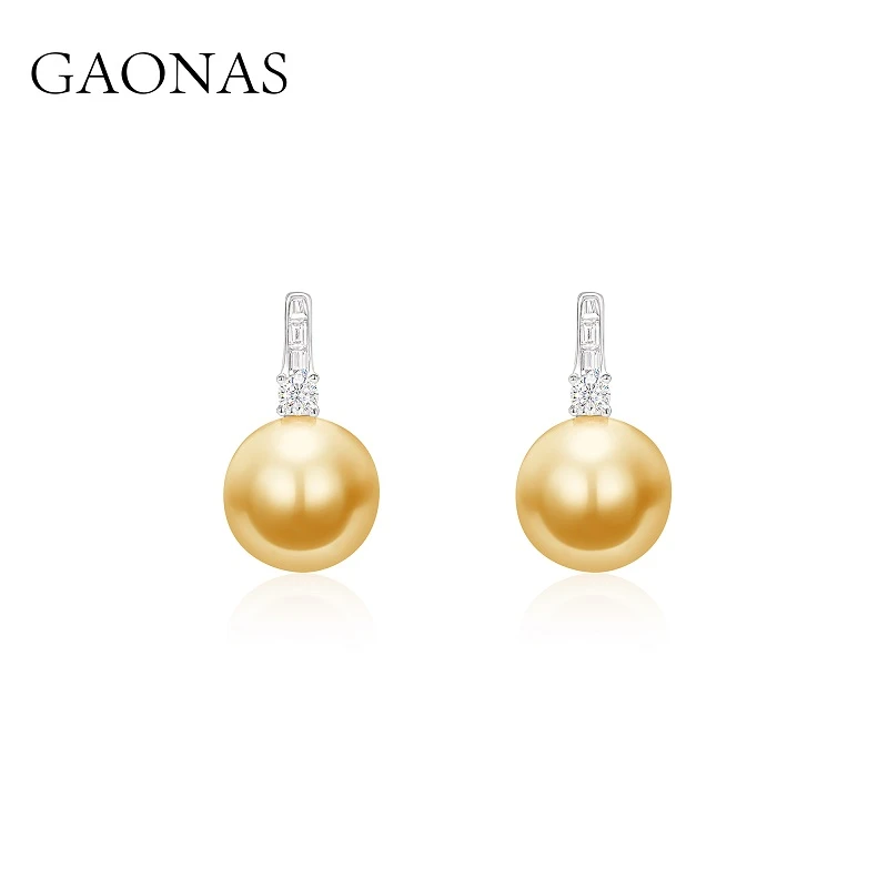 GAONAS 925银仿珍珠耳饰 经典气场16mm金色珠耳环10249EGO