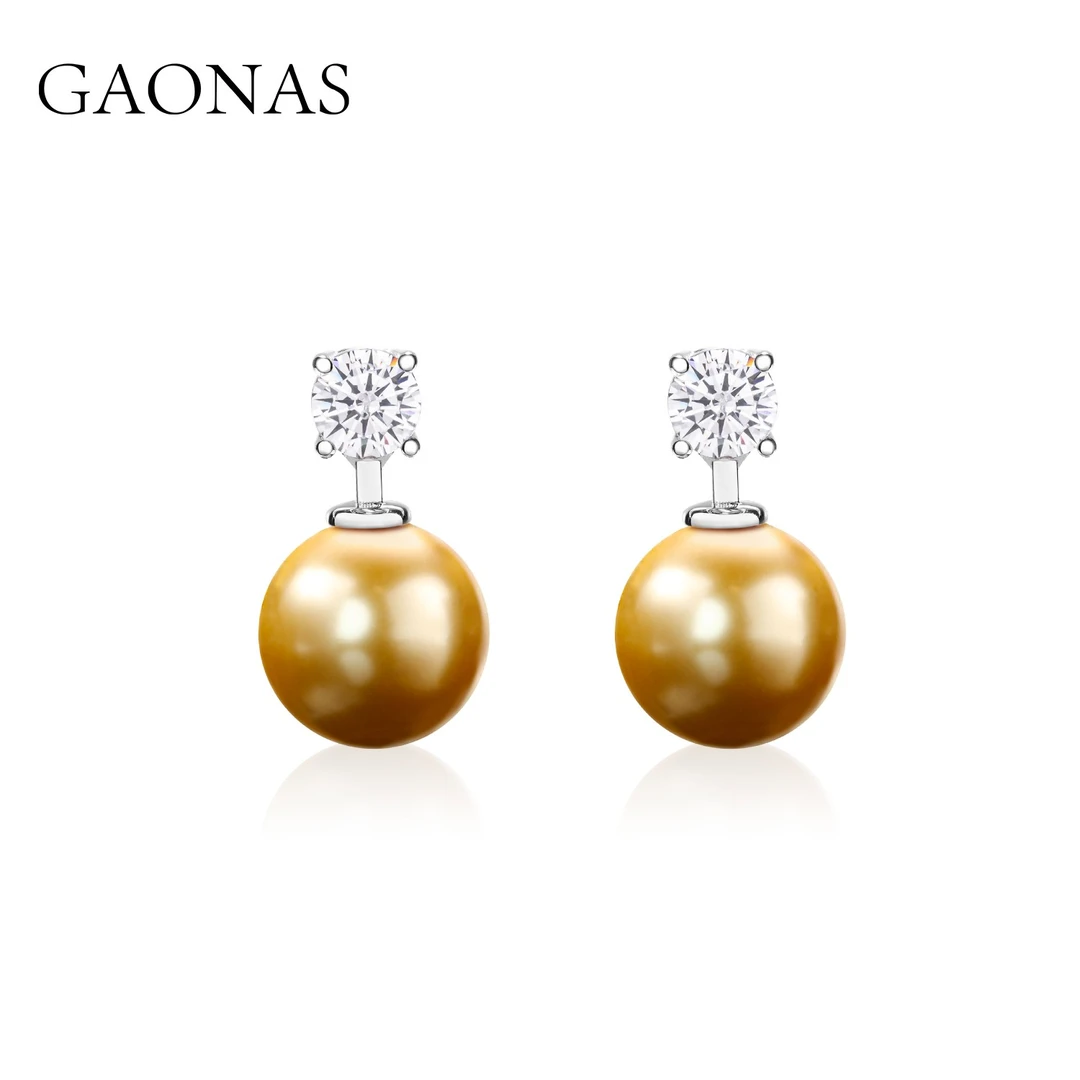 GAONAS 925银仿珍珠耳饰 高纳仕经典气质款金色珠耳钉ZYE105300