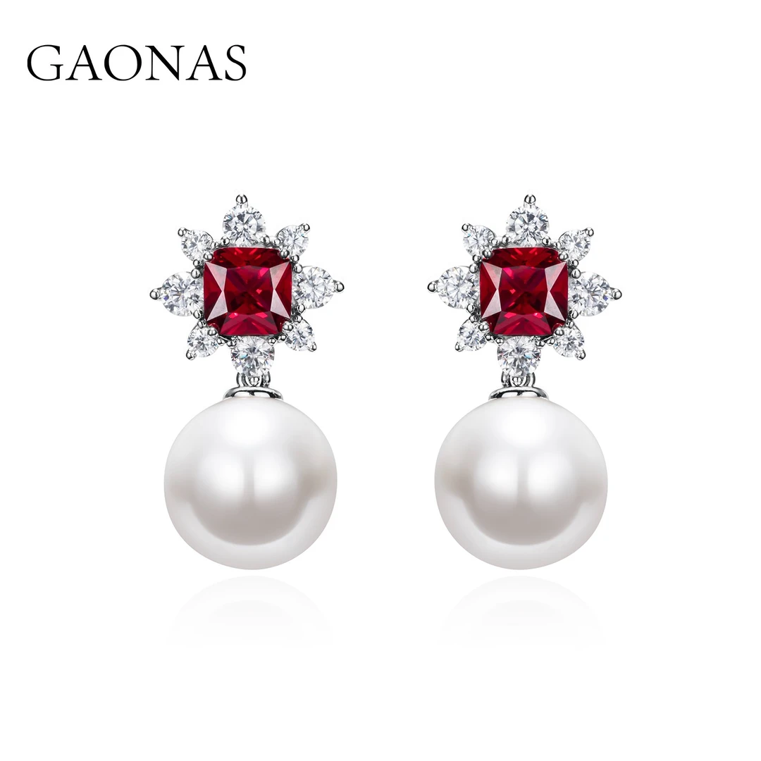 GAONAS 925银仿珍珠耳饰 时尚红石珠 优雅耳钉ZRE12900
