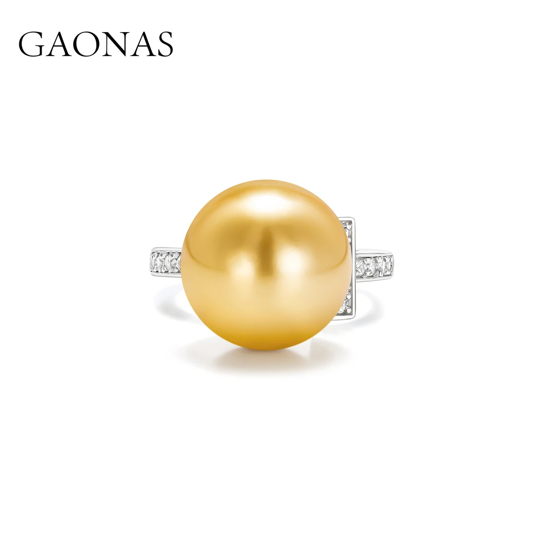 GAONAS 925银仿珍珠戒指 时尚百搭金色珠开口戒指10167JGO