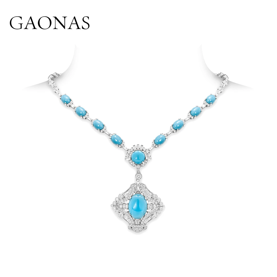 GAONAS 坠链均925银合成锆石 复古气质蓝色项链10219XB