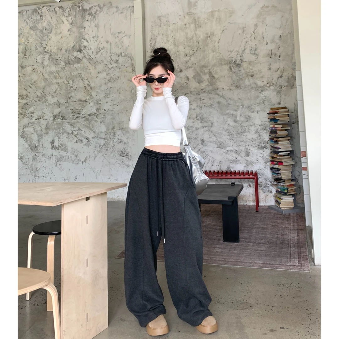 新款2024美式休闲显瘦秋冬加绒红人慵懒松弛感阔腿裤