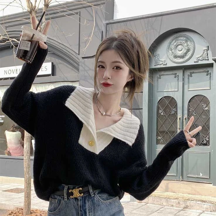 法式撞色翻领针织毛衣女春季2023新款慵懒风显瘦洋气外穿长袖上衣