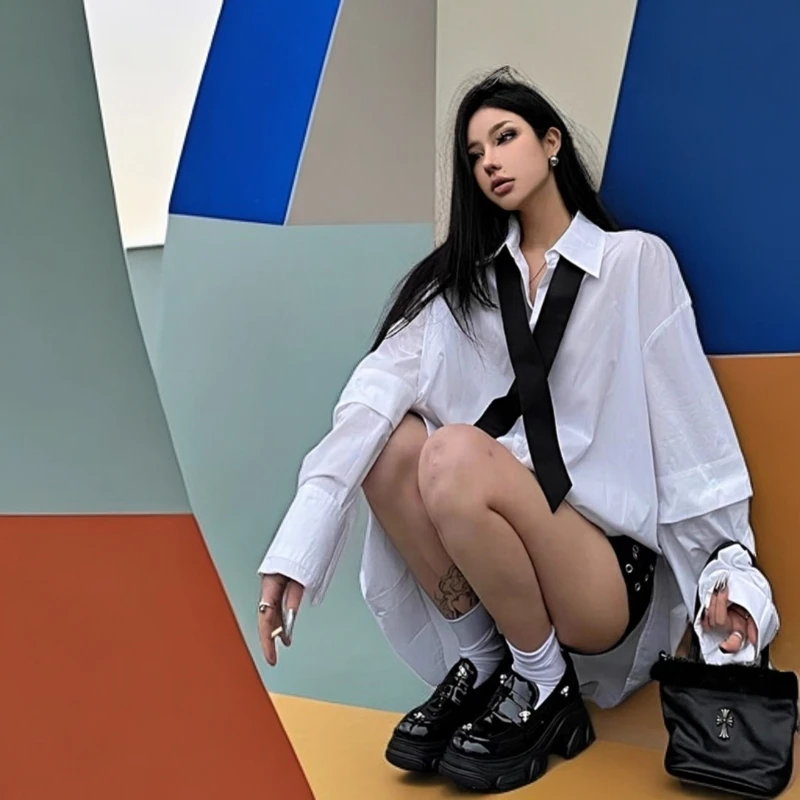 衬衫衬衣长袖宽松学院风白衬衫上衣男友衬衫慵懒风白色设计感