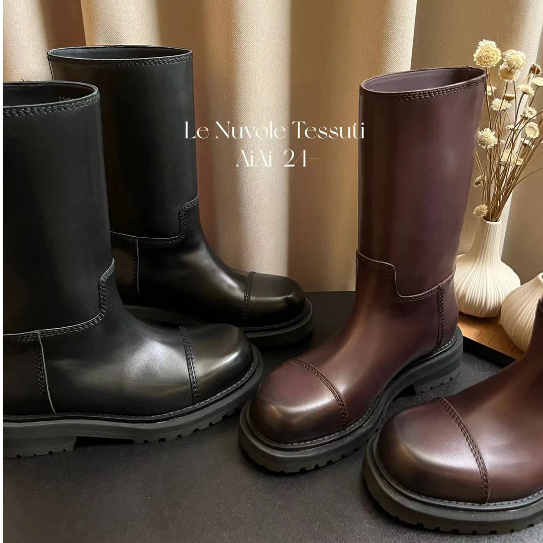 【AiAi】小牛皮长筒靴 真皮厚底粗跟小个子套筒复古骑士靴（2428-2）