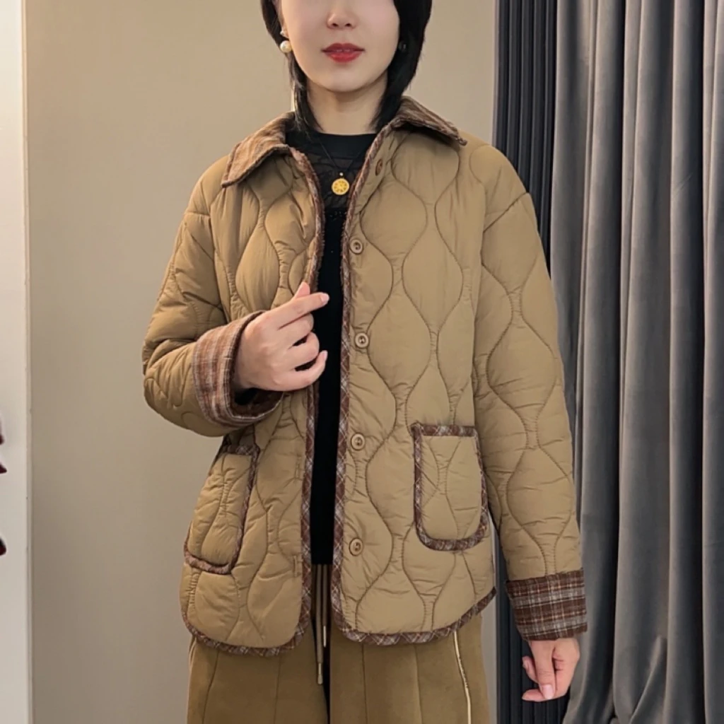 冬季尼丝纺棉服外套2024新款轻薄时尚减龄休闲加绒加厚棉袄翻领