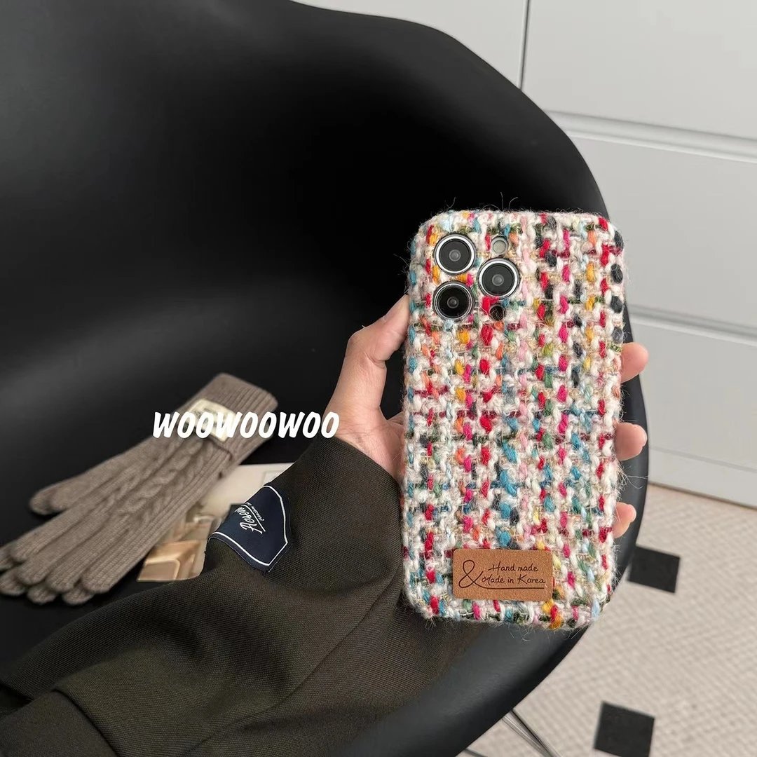 秋冬彩色编织毛呢小香风毛绒手机壳适用苹果14新款iPhone15promax