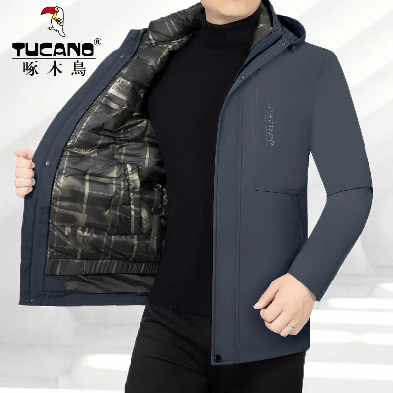 啄木鸟男士棉服中长款连帽可脱卸内胆加绒加厚防风中年冬季保暖