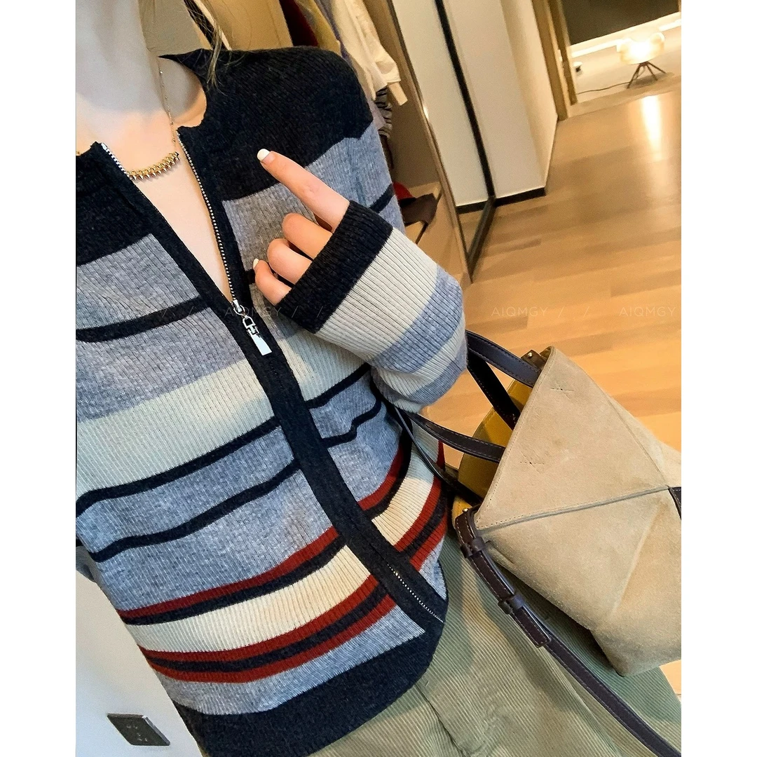 【50超细绵羊毛】条纹撞色长袖圆领针织衫开女绵羊毛拉链打底上衣