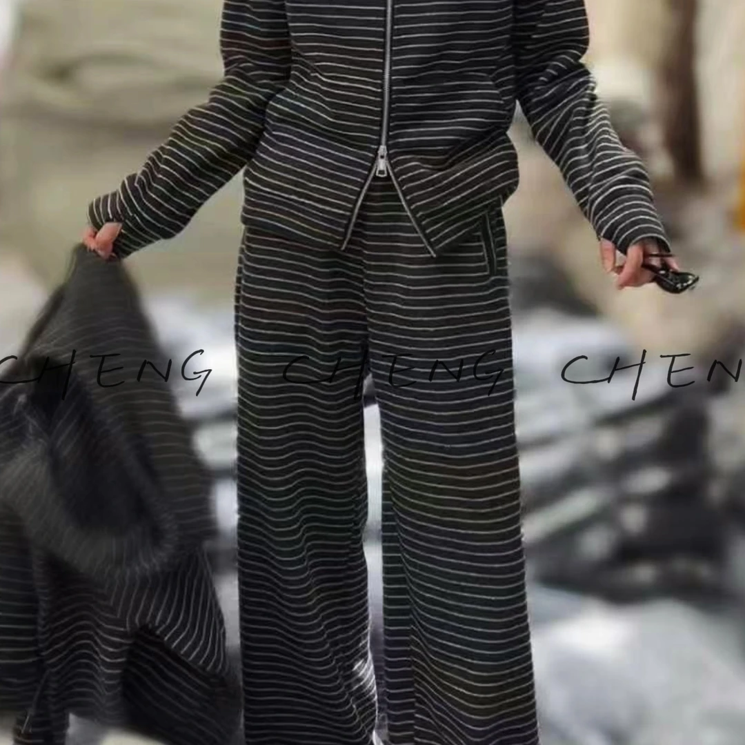 【CB-J档口】休闲时尚加绒条纹套装新款运动卫衣阔腿裤两件套8501