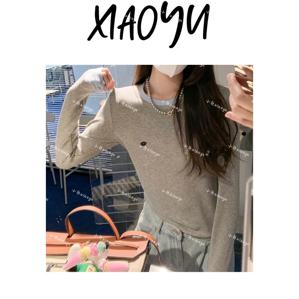 【蛋撞色假两件打底衫】S韩系eg撞色圆领假两件袖口德绒保暖底衫