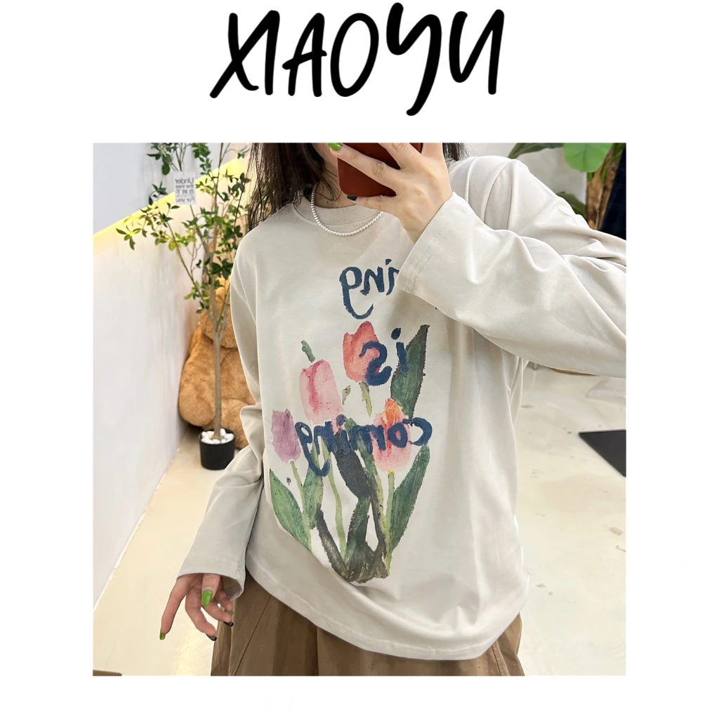 【又见郁金香】S韩单水洗圆领长袖打底衫宽松百搭设计感长袖衫小众