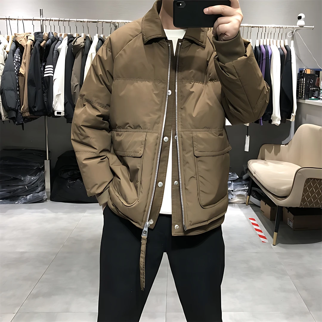 潮牌男士外套男秋冬款男装假两件翻领休闲百搭加厚保暖男款羽绒服