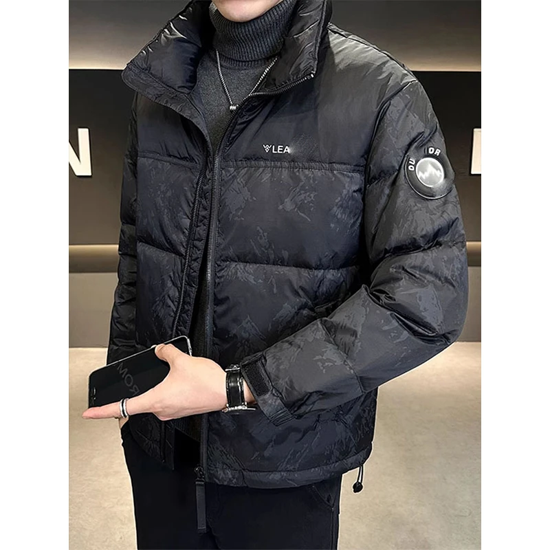 潮牌男士外套男秋冬款休闲加厚立领保暖痞帅迷彩拼接男款羽绒服男