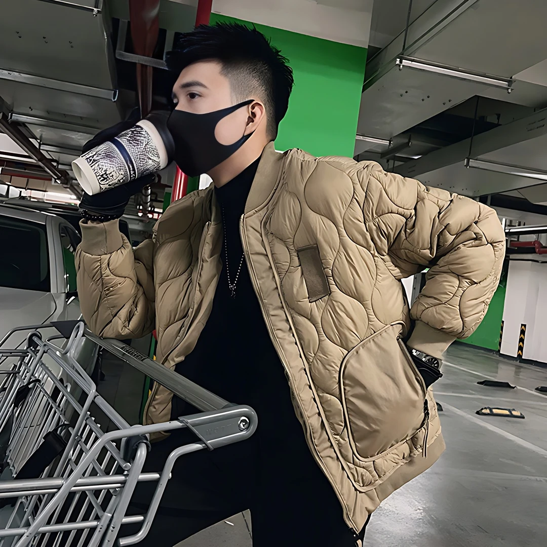 潮牌男装男士外套男秋冬款百搭痞帅休闲菱格加厚保暖棒球棉服男款