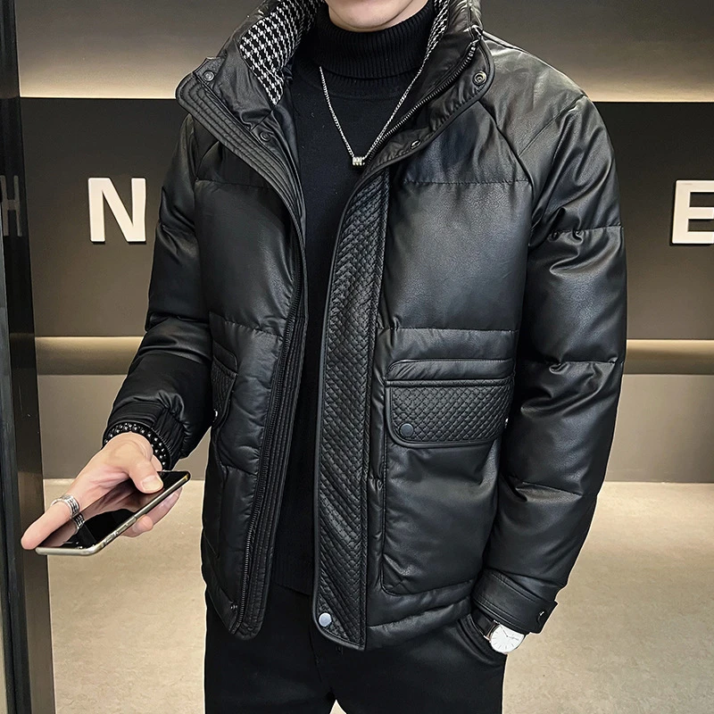 高贵上档次男装冬款外套男士短款加厚皮羽绒服潮流帅气连帽羽绒衣