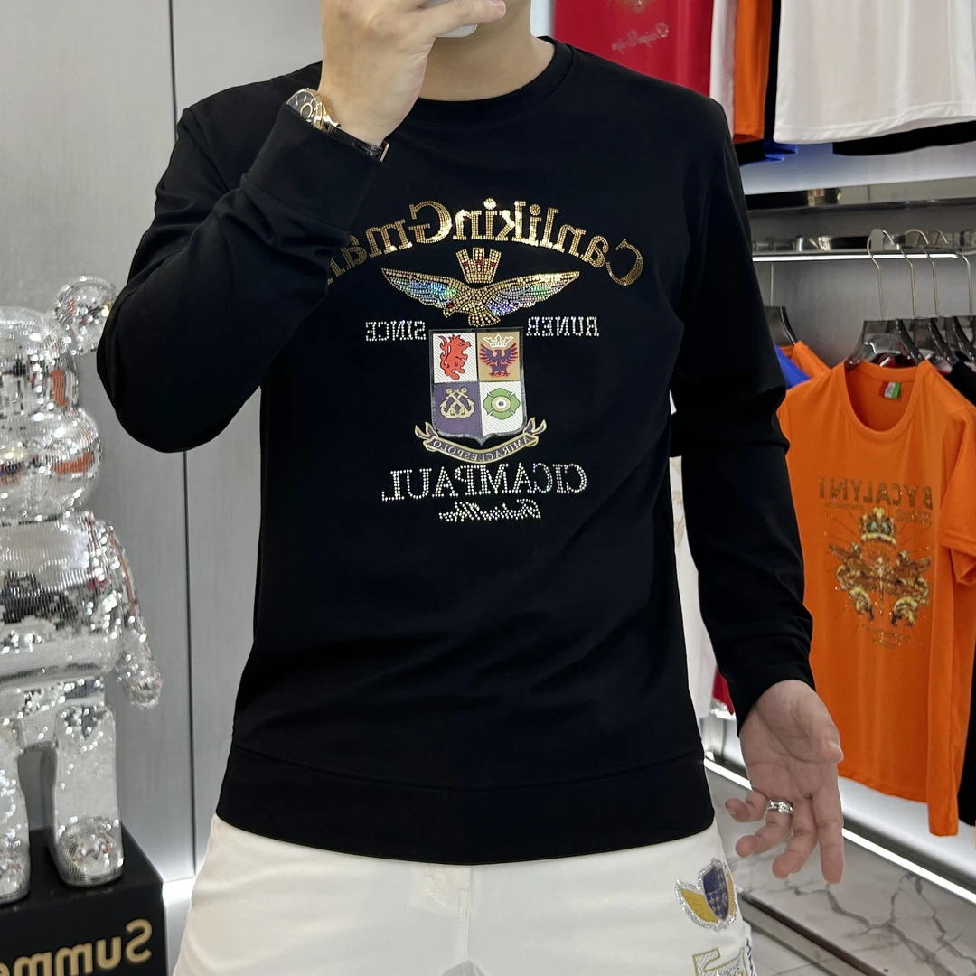 2023冬季新款男士长袖时尚烫钻卫衣老鹰图案圆领轻奢加绒休闲上衣