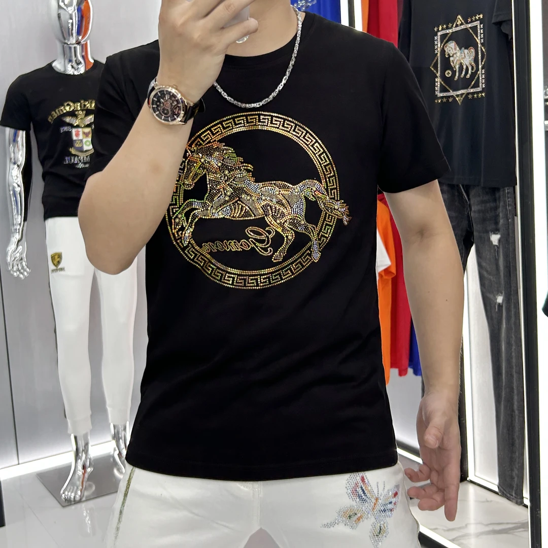 欧洲站重工男士合身短袖奔马潮牌潮流时尚圆领丝光棉T恤男半袖