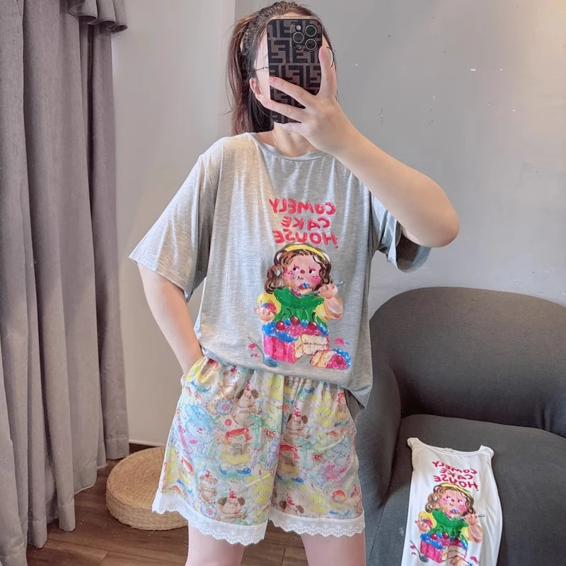夏季蛋糕女孩睡衣女莫代尔棉卡通休闲宽松舒适短袖短裤家居服套装