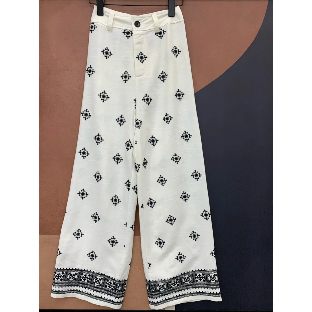 【娇娇私服订制】新款长裤国风复古透气宽松刺绣提花阔腿裤2666#