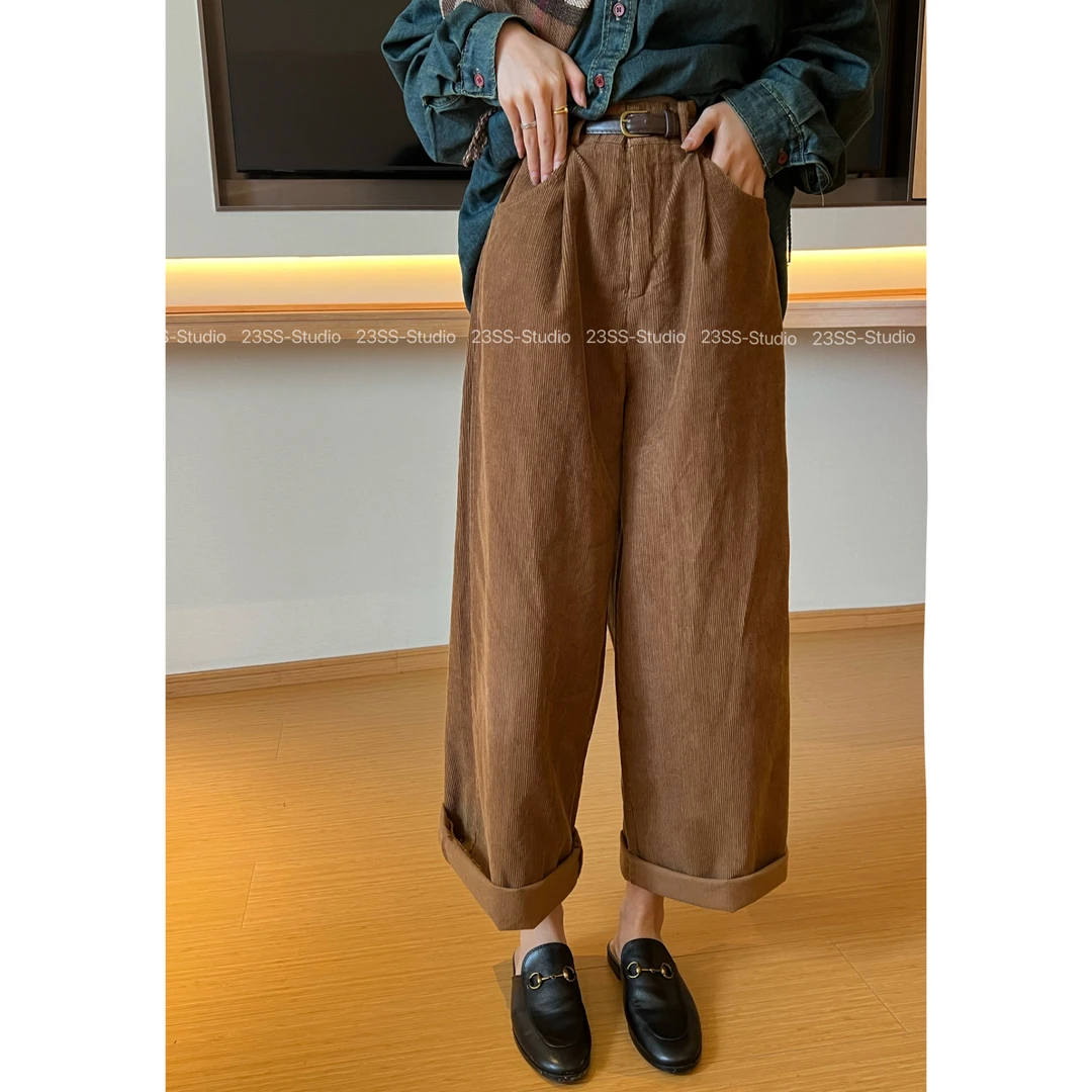 【娇娇私服定制】新款网红风宽松直筒高腰复古灯芯绒休闲裤8256#