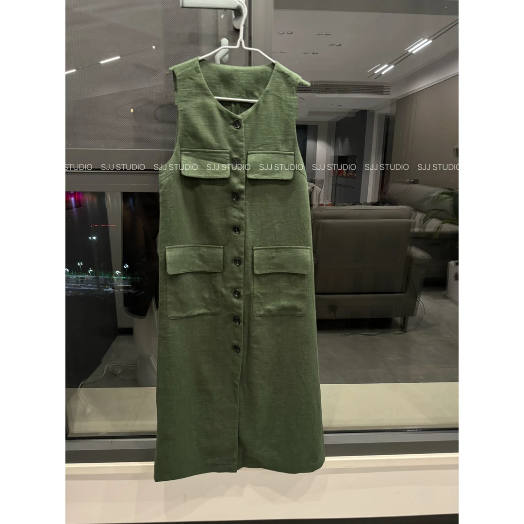 【娇娇私服订制】秋季新款休闲排扣无袖棉麻连衣裙80508#