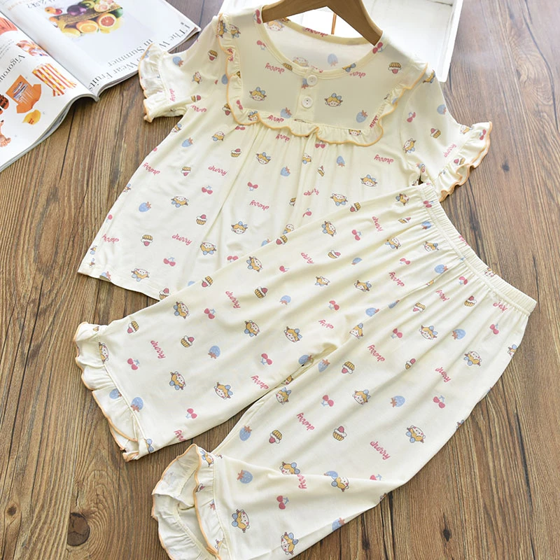 女童薄软透气甜美花边莫代尔家居服套装 中大儿童居家睡衣睡裤夏