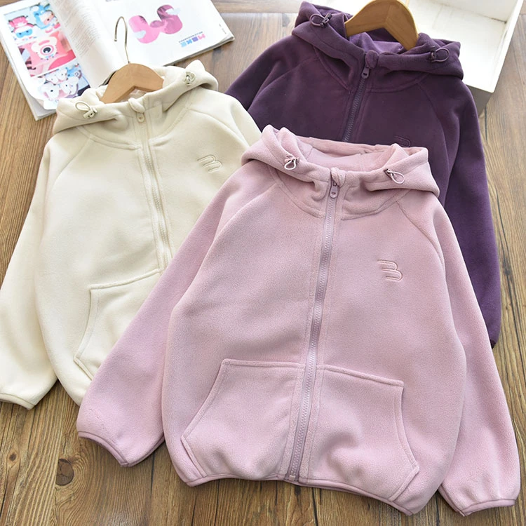 女童双面绒保暖简约刺绣连帽拉链衫外套 中大儿童百搭外套秋冬