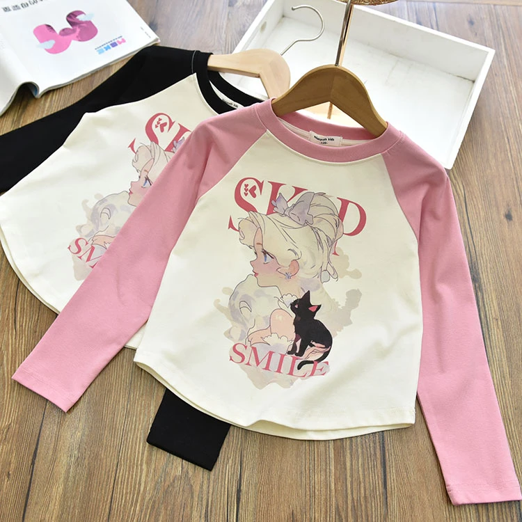 洋气百搭女童韩版短款辣妹T恤中大儿童宝宝修身卡通打底衫2024秋