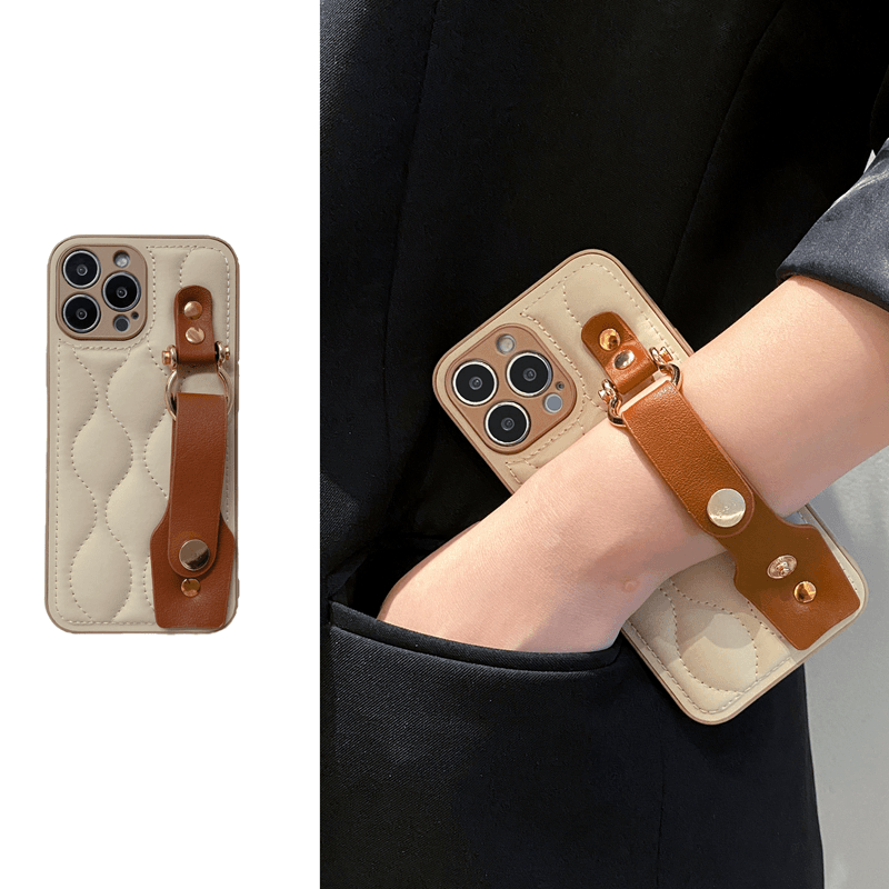 雅致白皮纸纽扣棕皮手腕带适用iphone14promax苹果13手机壳12创意