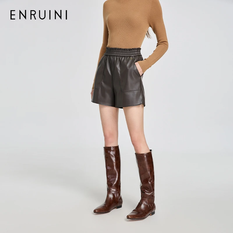 恩瑞妮皮裤时尚休闲百搭女士秋冬松紧腰阔腿A字短裤ERDKOA651