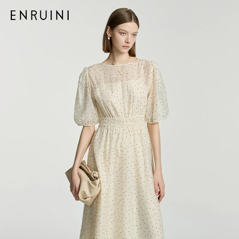 恩瑞妮2025款夏季新款时尚波点系带圆领收腰显瘦连衣裙ERXL6A997
