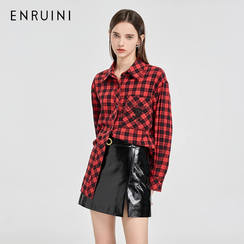 恩瑞妮2025春季衬衣薄款时尚女士衬衫长袖格纹