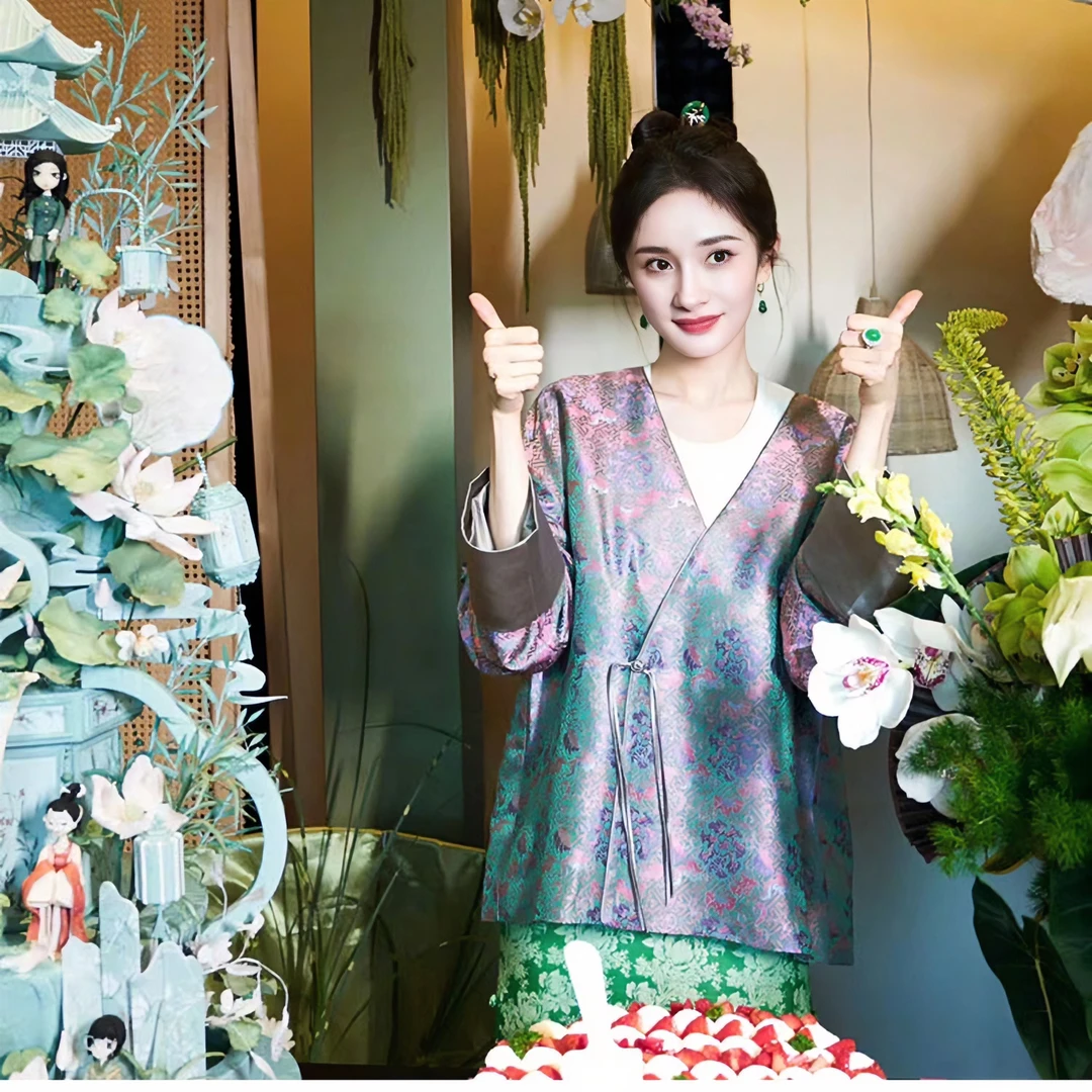 秋季杨幂同款新中式流金溢彩宽松斜襟盘扣上衣复古印花中国风套装