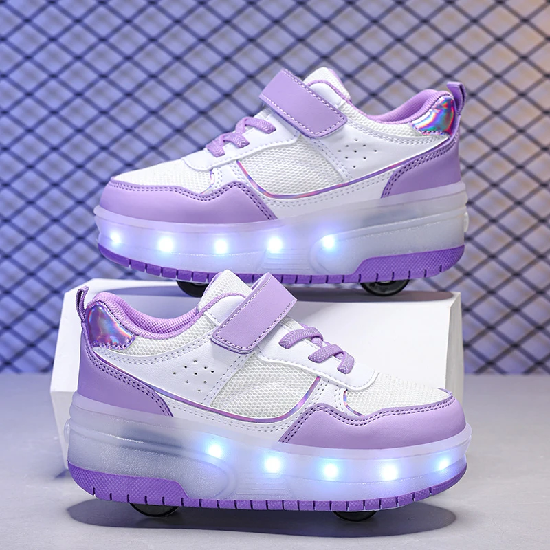 儿童鞋暴走鞋春季透气网面女童运动鞋两轮可收缩发光溜冰鞋