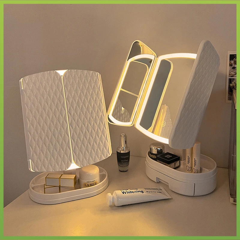 贝壳镜子可调节三面镜折叠大号二合一体带灯led化妆镜台式梳妆镜