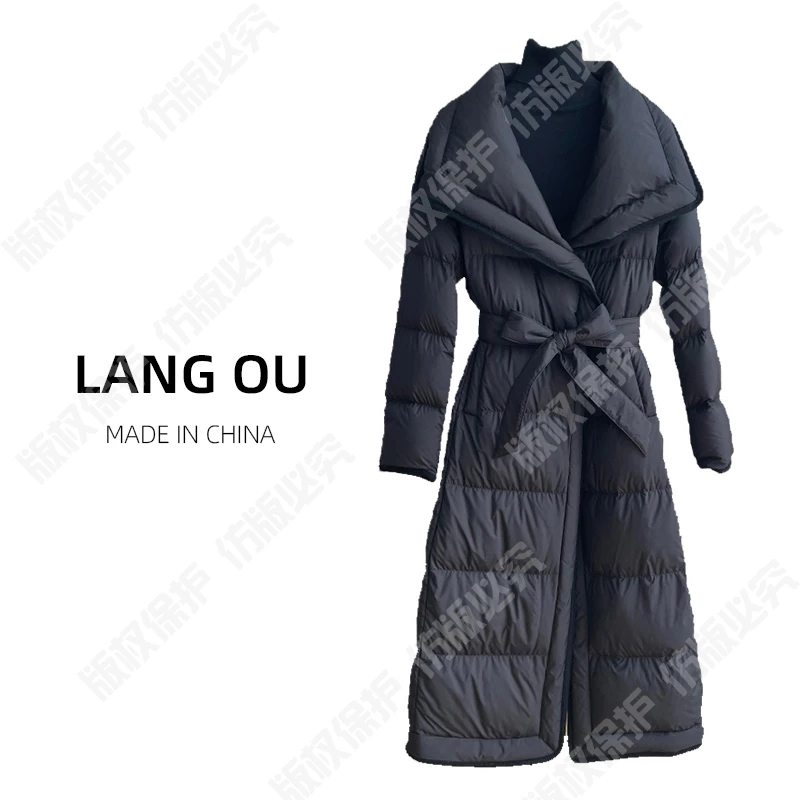 【LANG OU】高端95白鹅绒翻领长款收腰羽绒服女2023年时尚外套22519