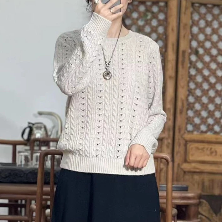 『乔松』女款休闲百搭纯色时尚针织镂空秋冬圆领羊绒衫（MTT2521）