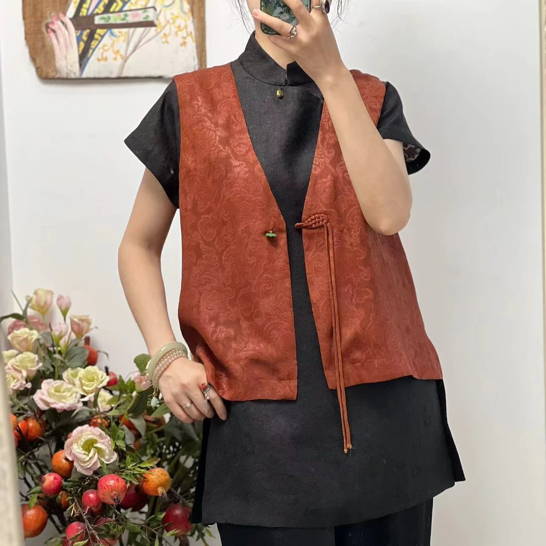 『夏意』香云纱真丝国风时尚休闲百搭复古新中式桑蚕丝马甲（24039）