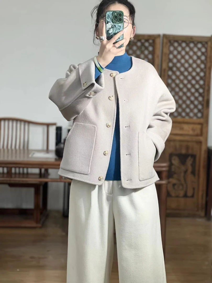 『甜美』韩版小香风双面尼圆领短款气质宽松百搭羊毛外套（24005）