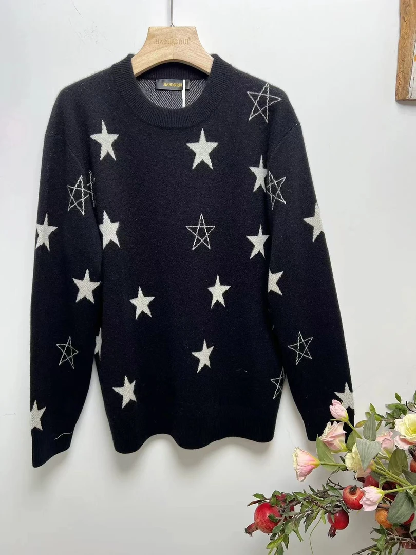 『艺泽』男款秋冬针织百搭休闲加厚星星圆领纯山羊绒衫（MTT2707）