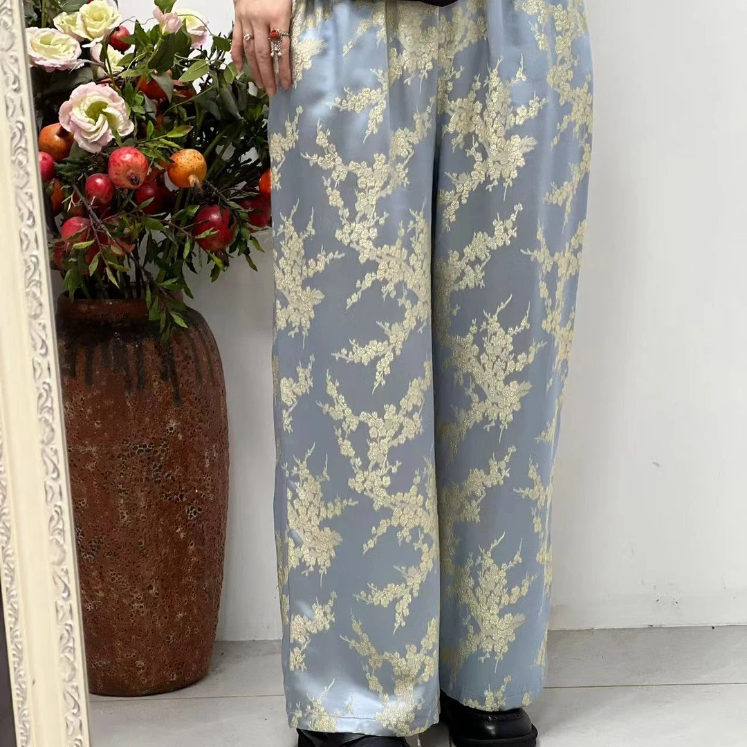 『物语』桑蚕丝真丝时尚百搭宽松休闲显瘦气质提花阔腿裤（23111-A）