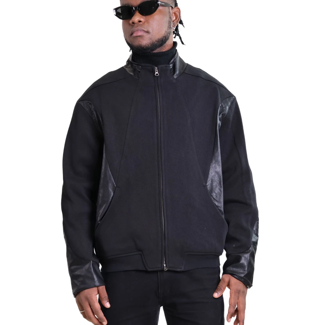 定制款男士针织拼皮外套立领夹克硬朗穿搭软壳秋冬